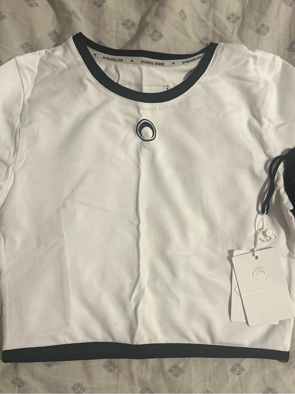 Marine Serre White Crop Tee with Black Trim and Emblem